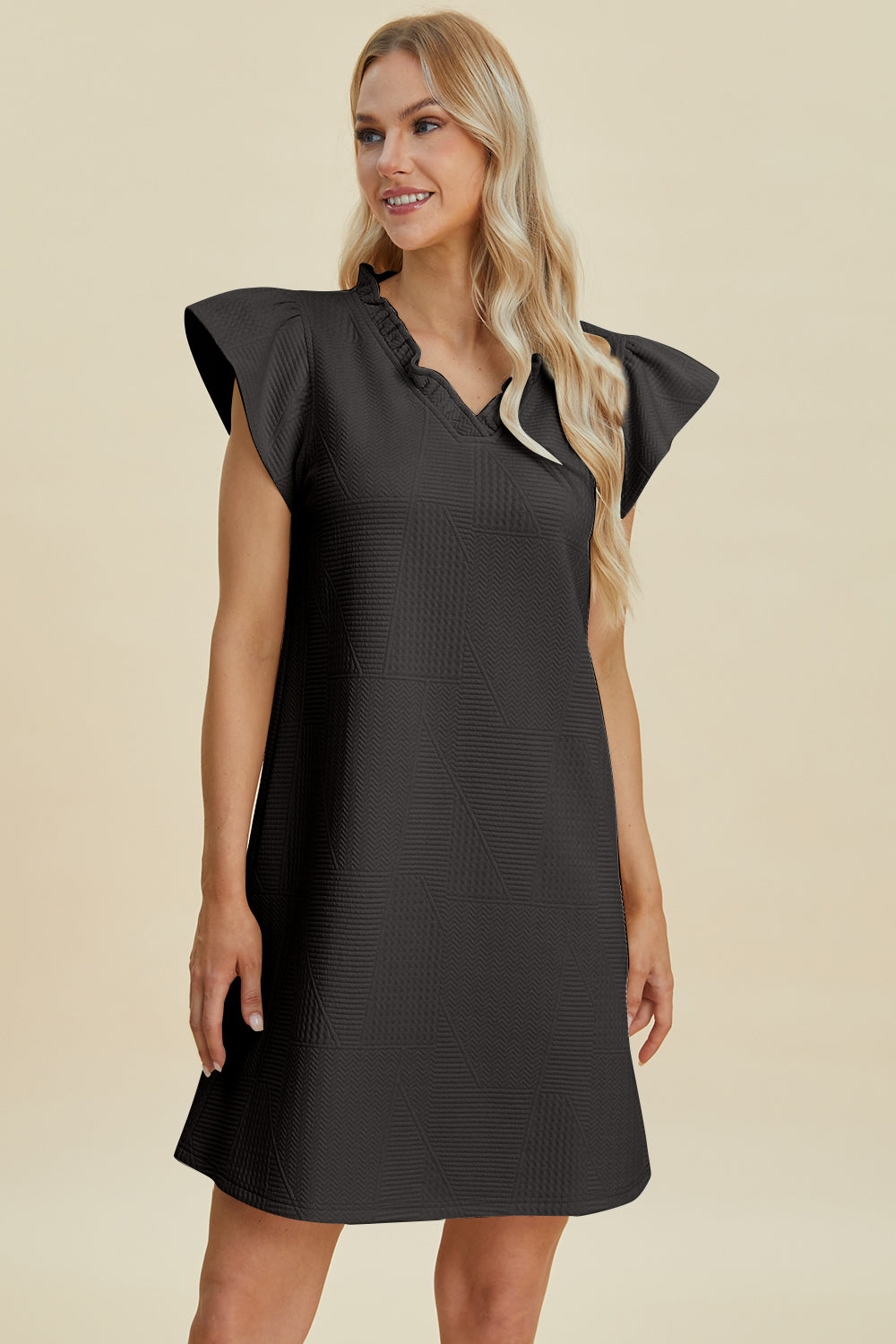 Double take full size ruffled v-neck cap sleeve dress - black / s