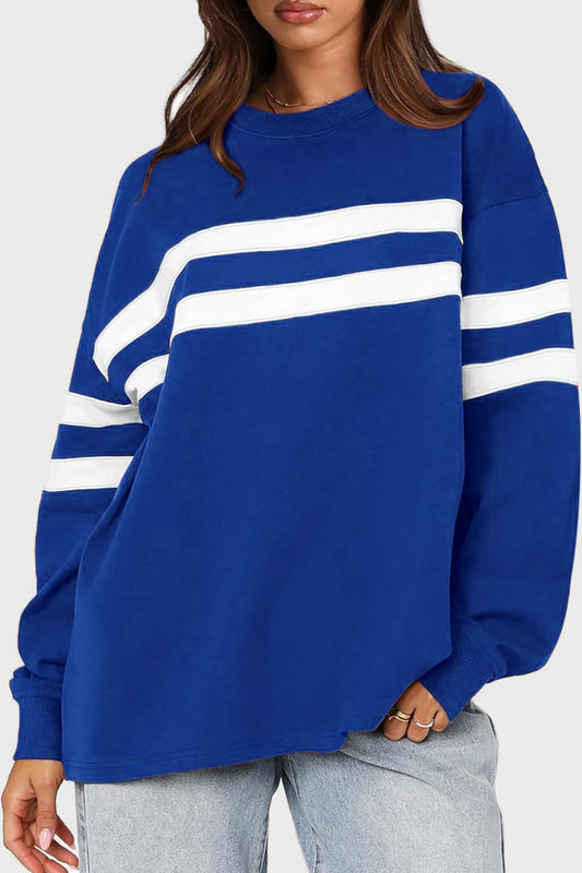 Lovelet striped round neck dropped shoulder sweatshirt - royal blue / s