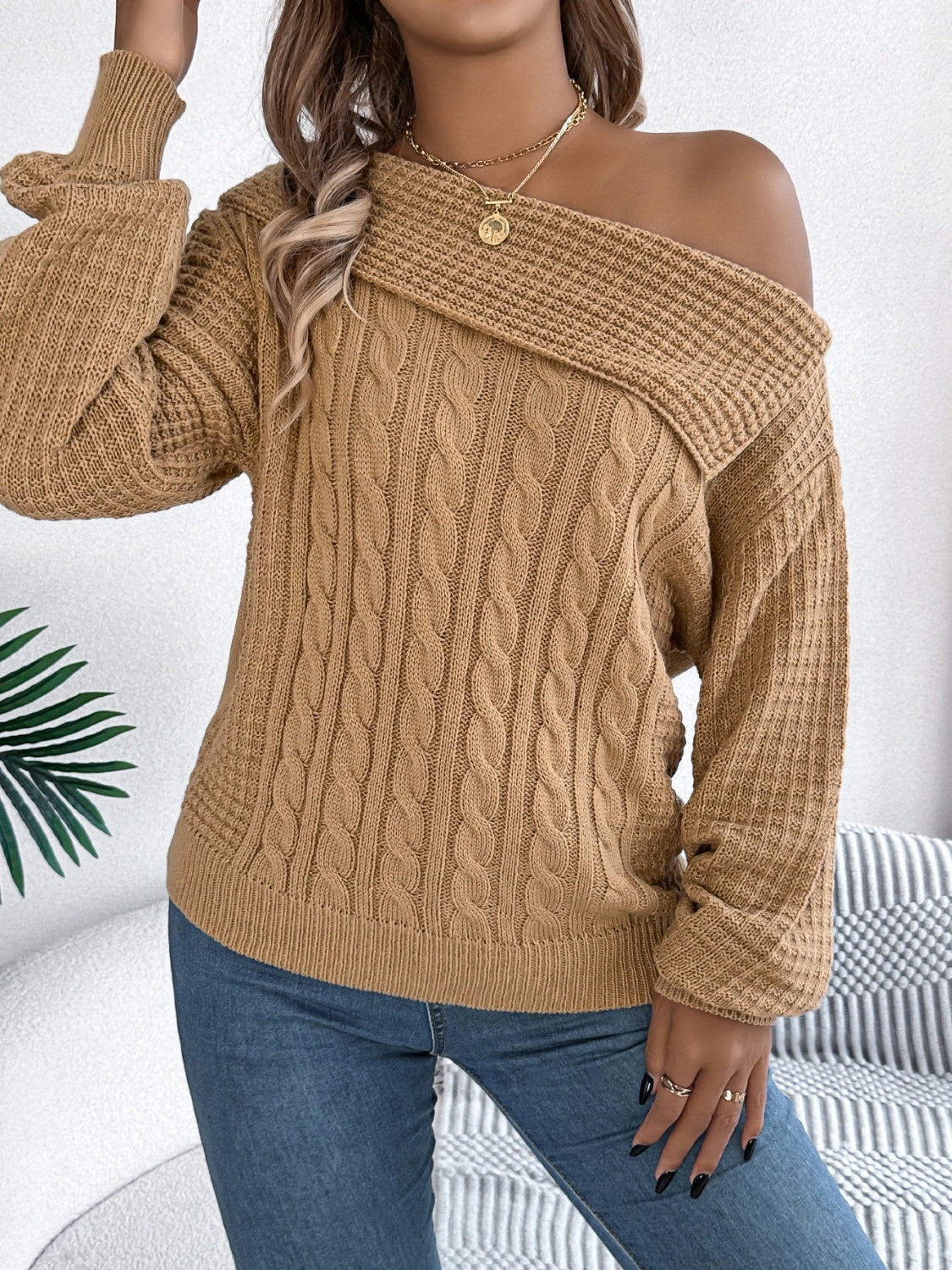 Cable-knit one shoulder long sleeve sweater