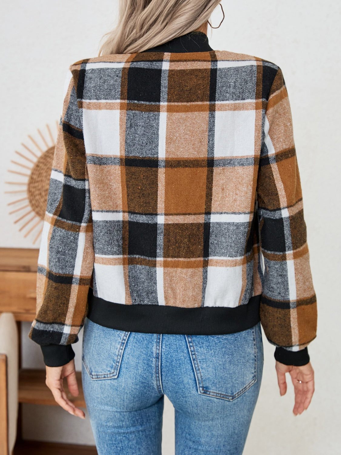 Plaid zip up long sleeve jacket