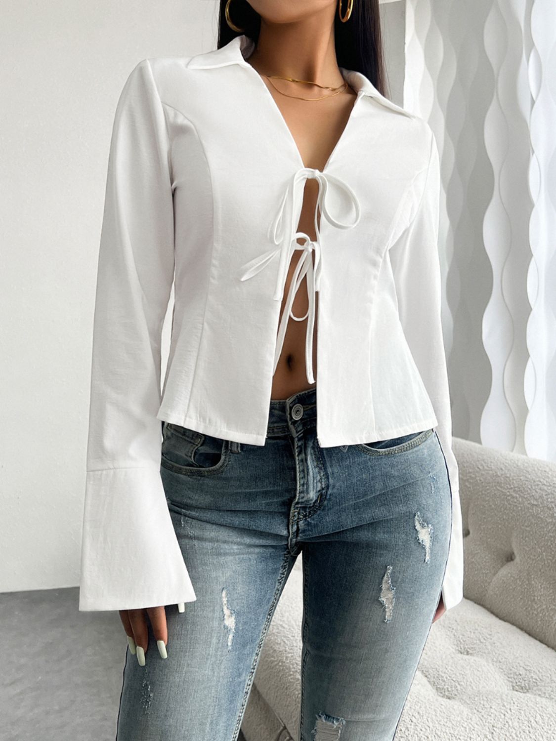 Devine slit tied collared neck long sleeve blouse - white / s