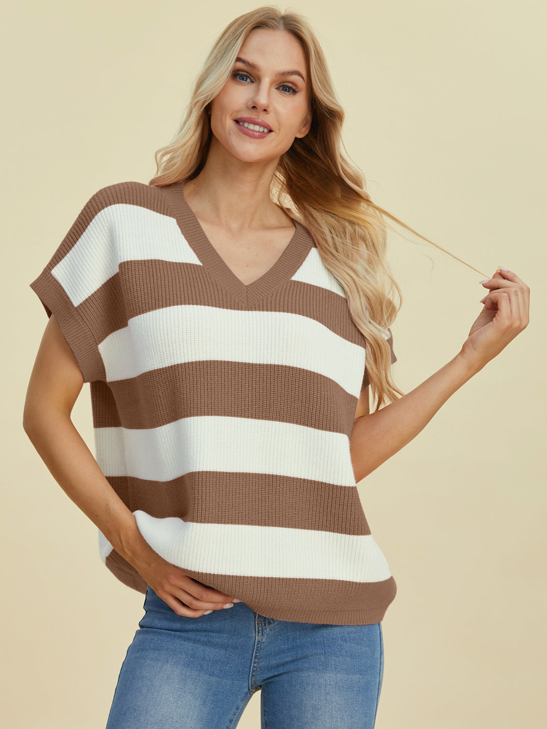 Double take full size striped v-neck short sleeve sweater - camel / s