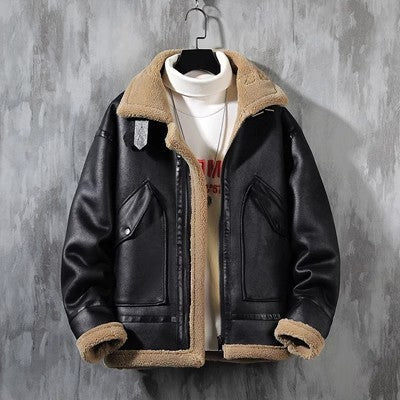 Men’s fashion single-layer fleece-lined padded jacket lamb wool coat - black / 2xl