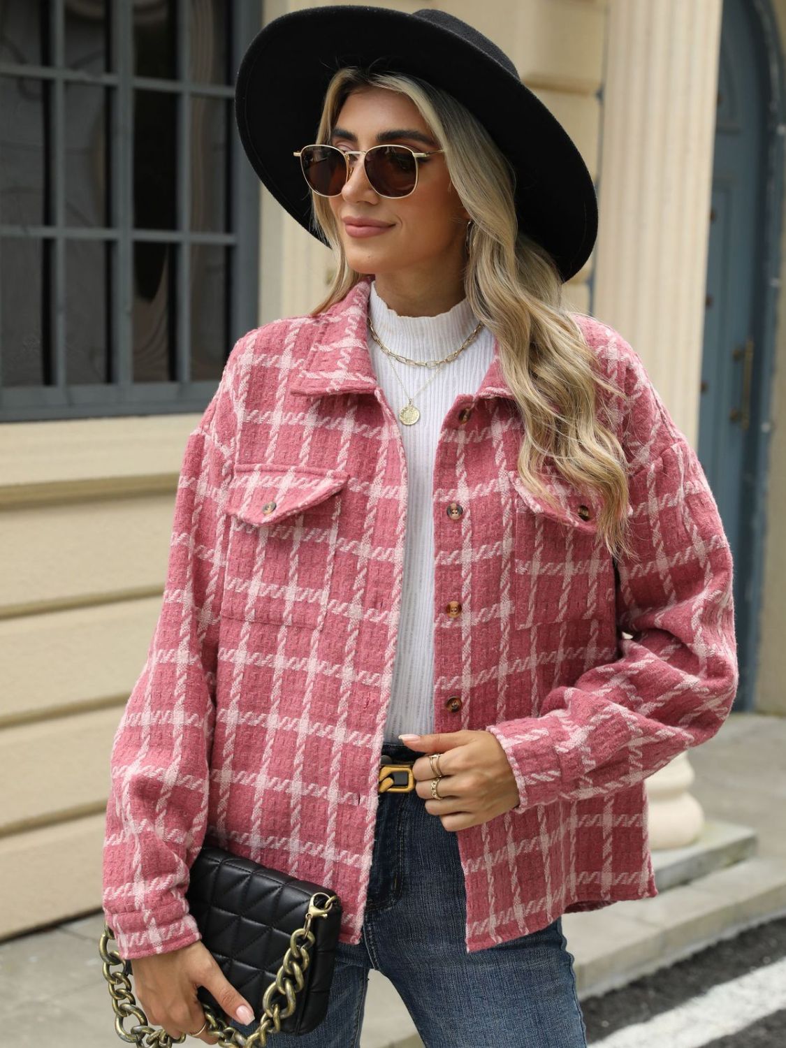 Plaid collared neck long sleeve jacket