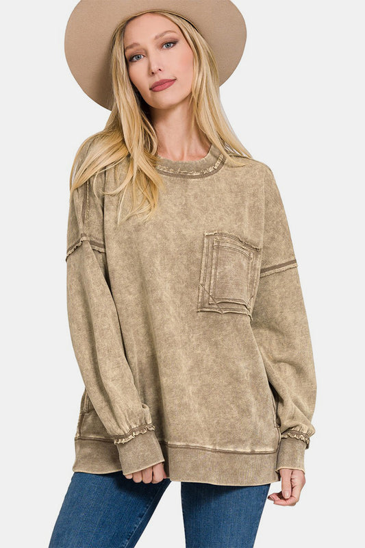 Zenana exposed seam round neck dropped shoulder sweatshirt - mocha / s