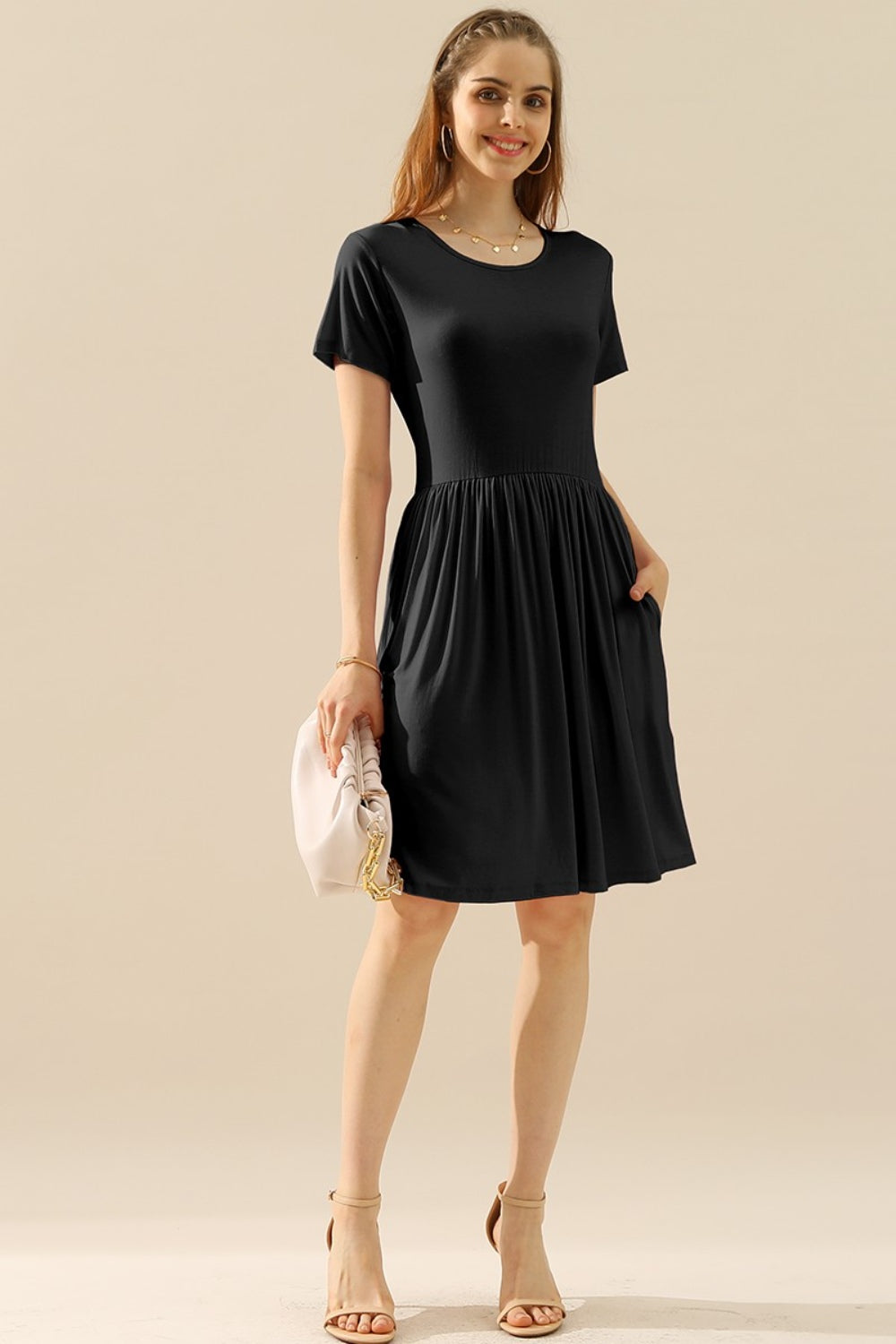 Ninexis full size round neck ruched dress with pockets