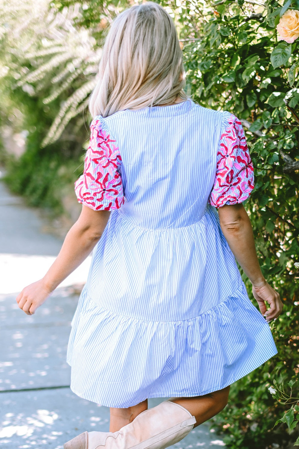 Embroidered striped notched short sleeve dress