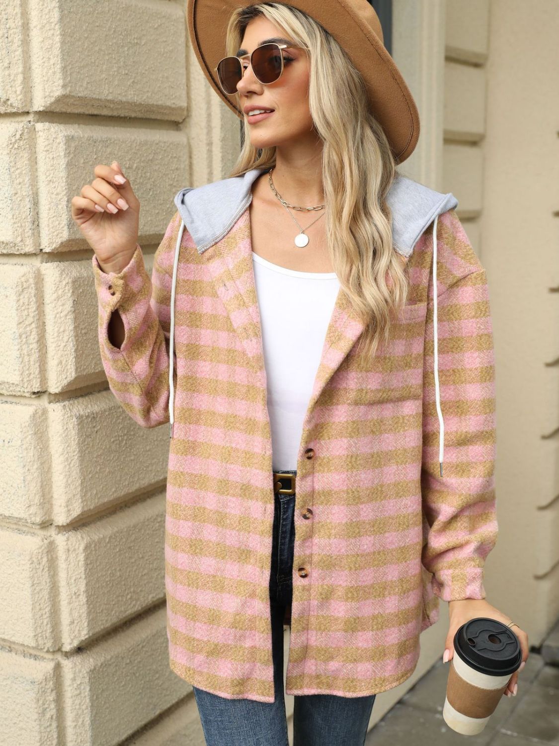 Drawstring plaid long sleeve hooded jacket