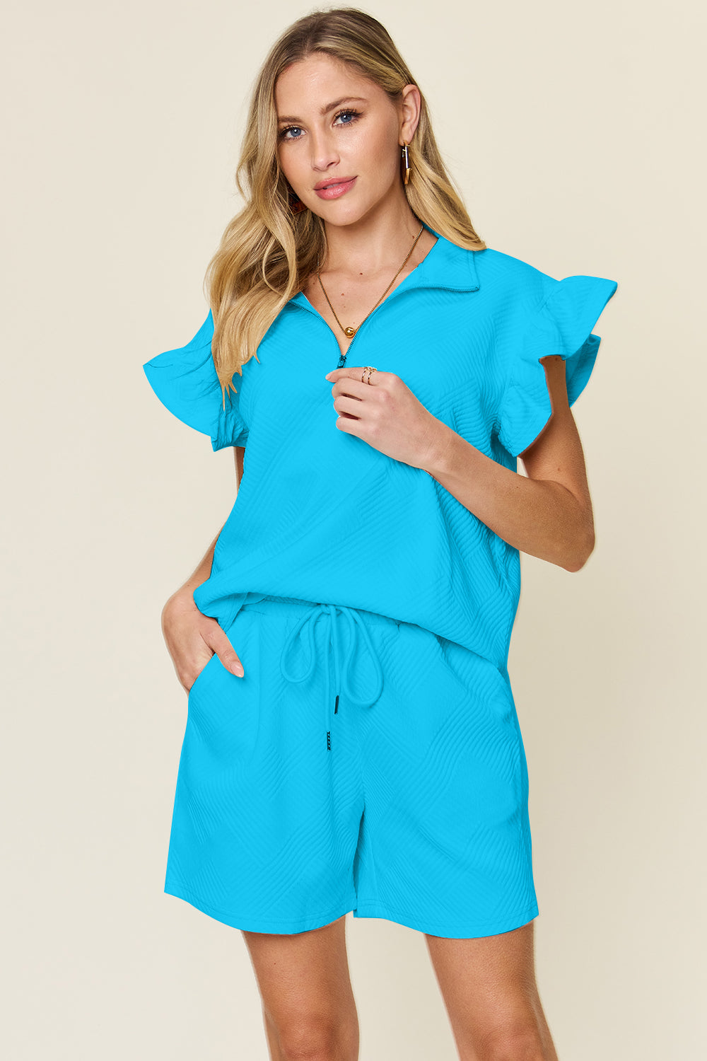 Double take full size texture flounce sleeve top and drawstring shorts set - sky blue / s