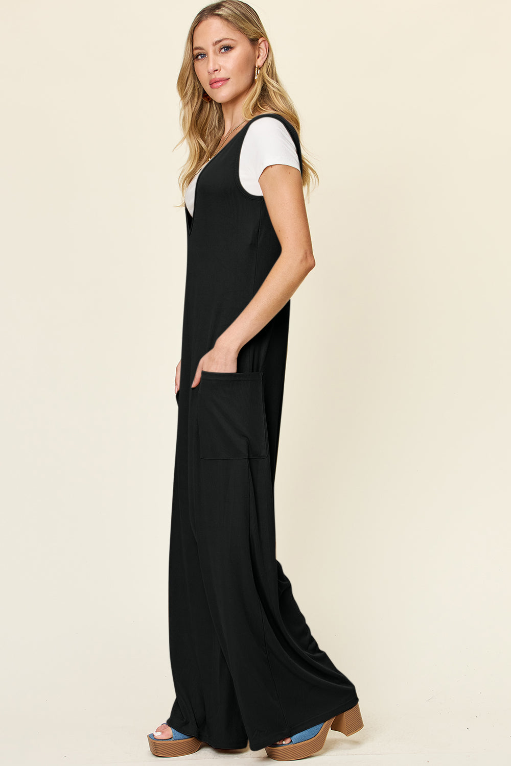 Double take full size sleeveless wide leg jumpsuit with pockets