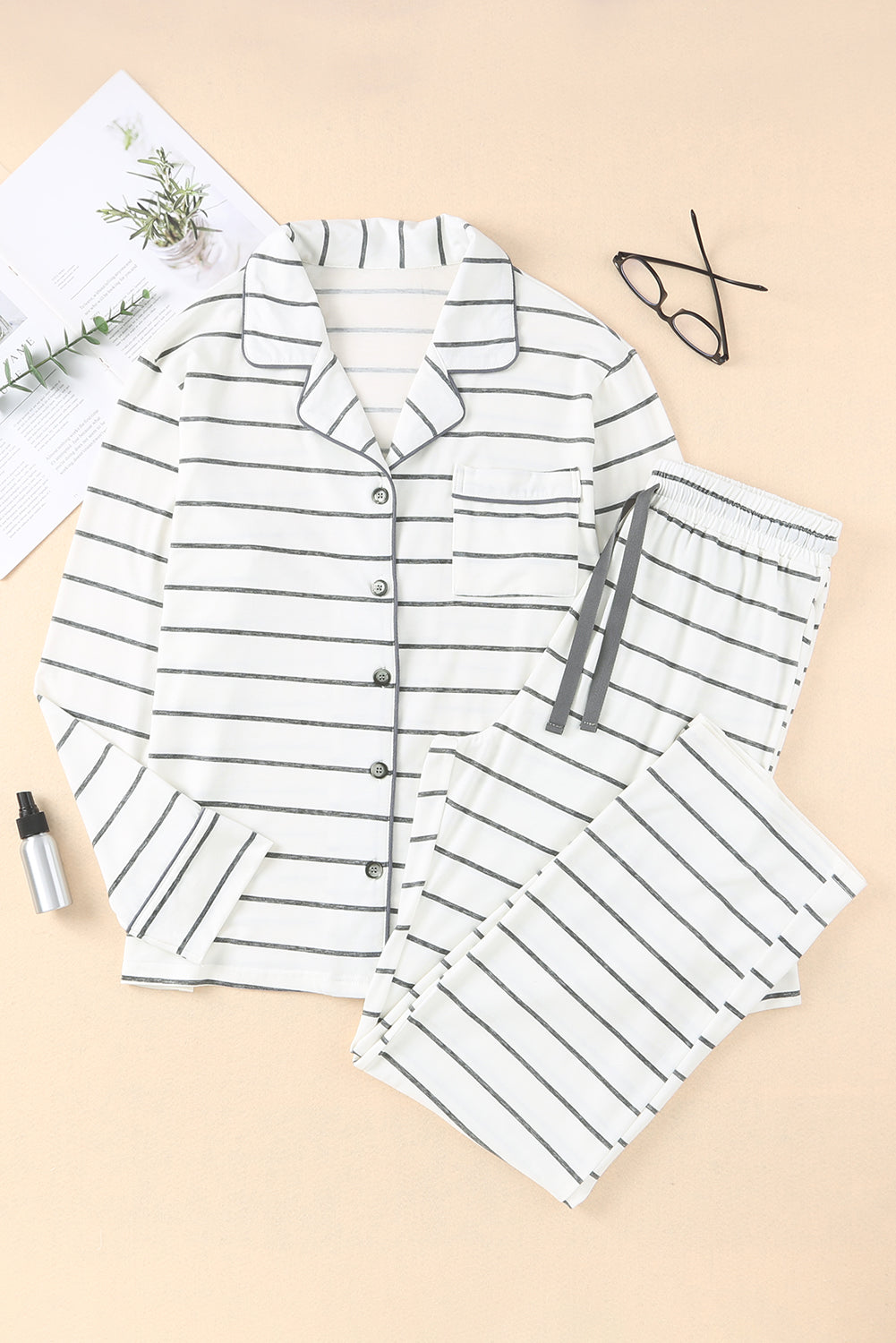 White striped print long sleeve top & drawstring pants pajamas set - loungewear