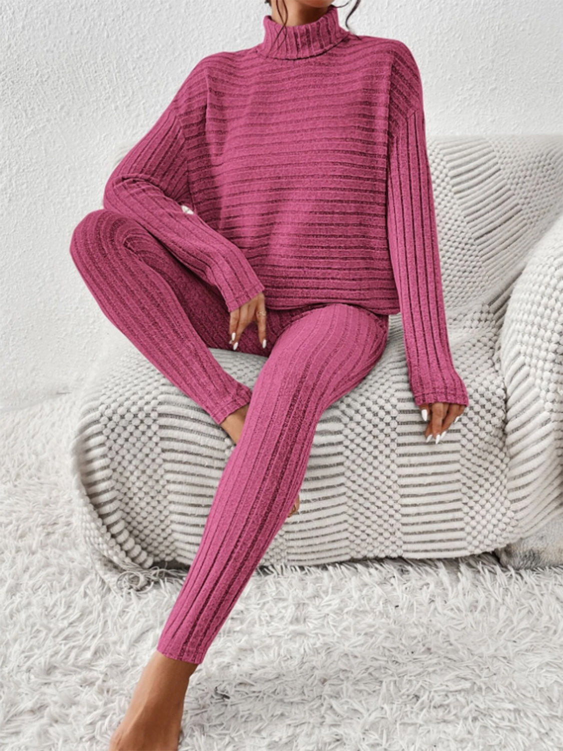 Ribbed turtleneck top and pants set