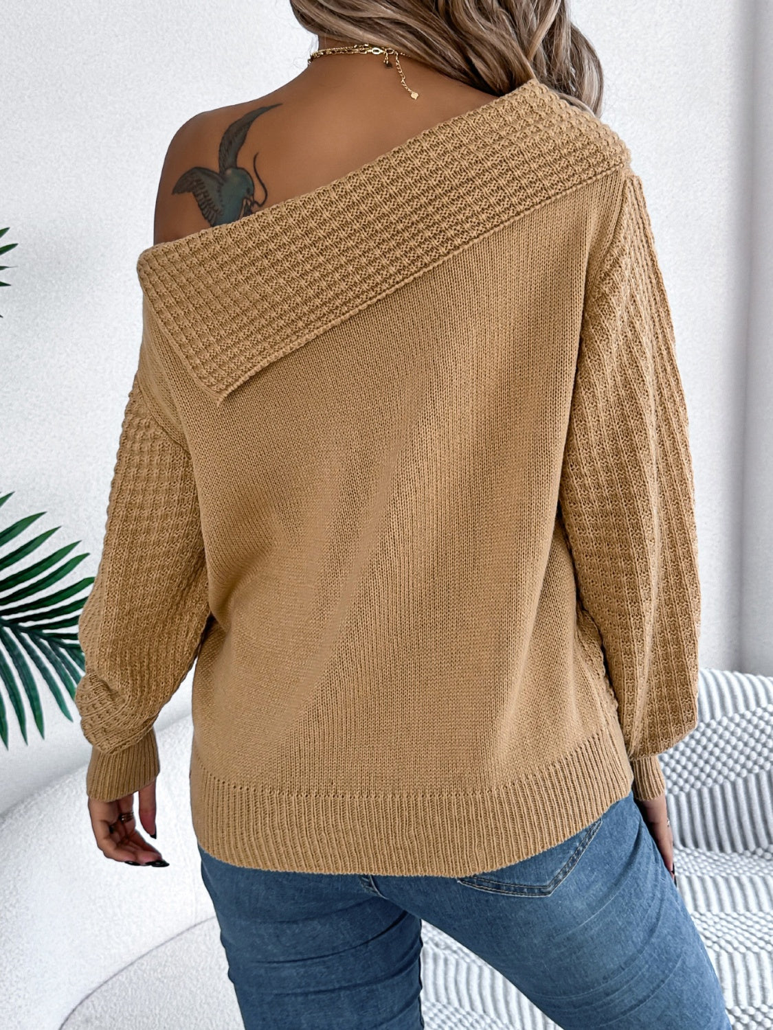 Cable-knit one shoulder long sleeve sweater