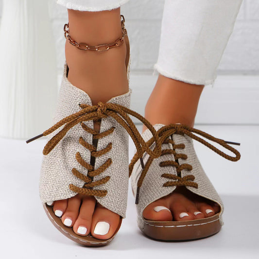 Lace-up open toe wedge sandals - beige / 36(us5)