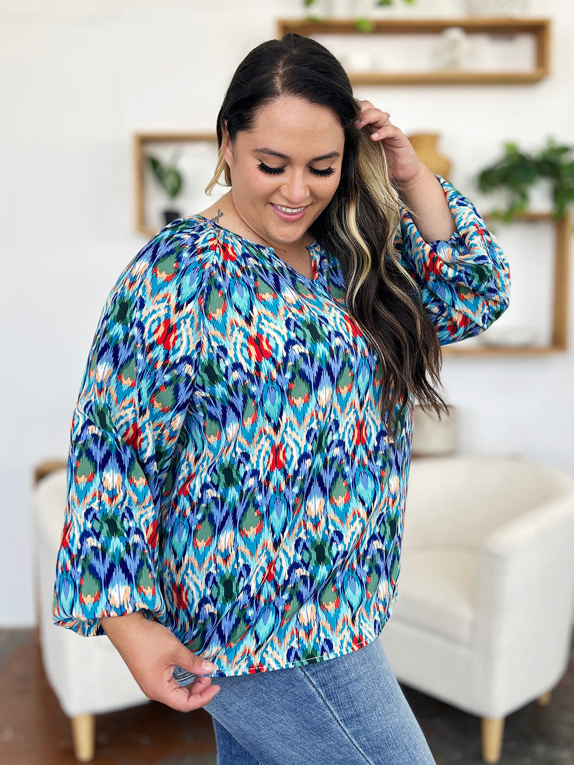 Double take full size printed balloon sleeve blouse