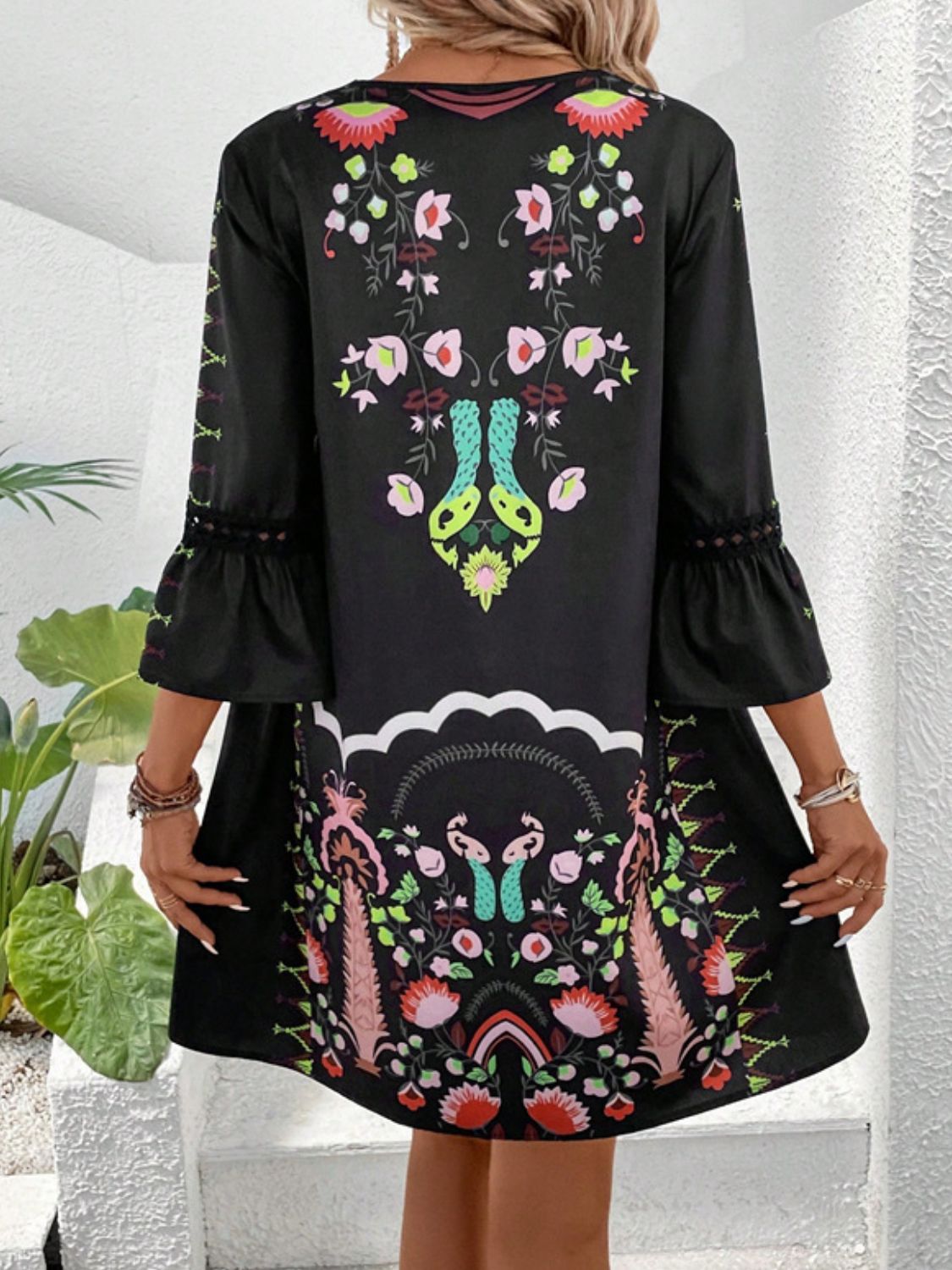 Lace detail printed three-quarter sleeve dress