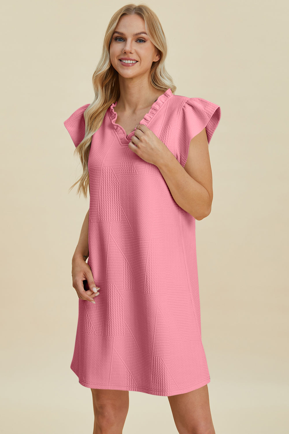 Double take full size ruffled v-neck cap sleeve dress - blush pink / s