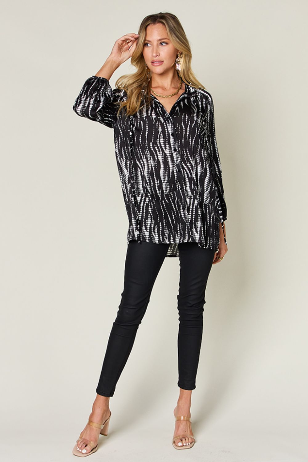 Double take full size printed button up long sleeve shirt