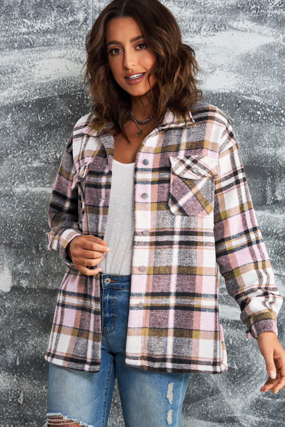 Double take plaid button front shirt jacket with breast pockets