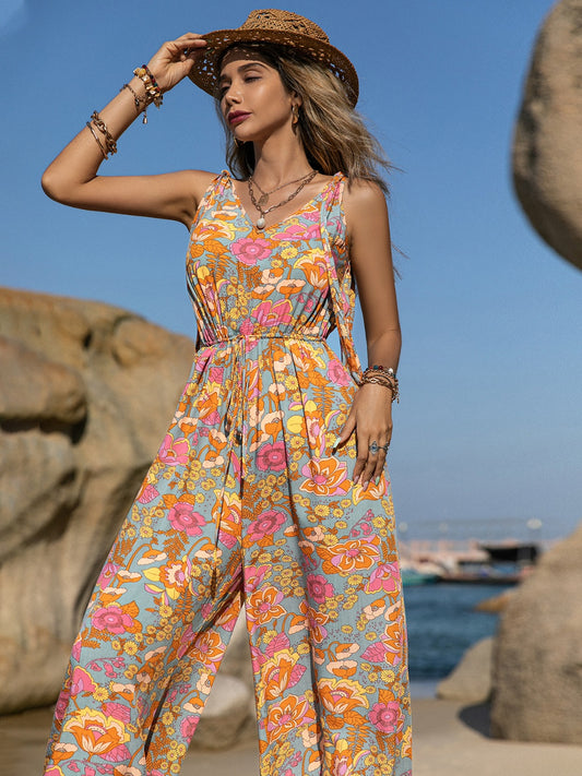 V-neck wide leg jumpsuit - floral / s