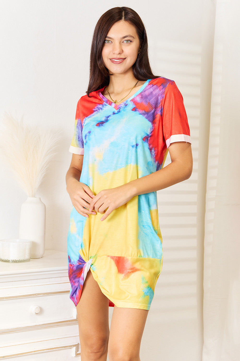 Tie-dye v-neck twisted dress - multicolor / s