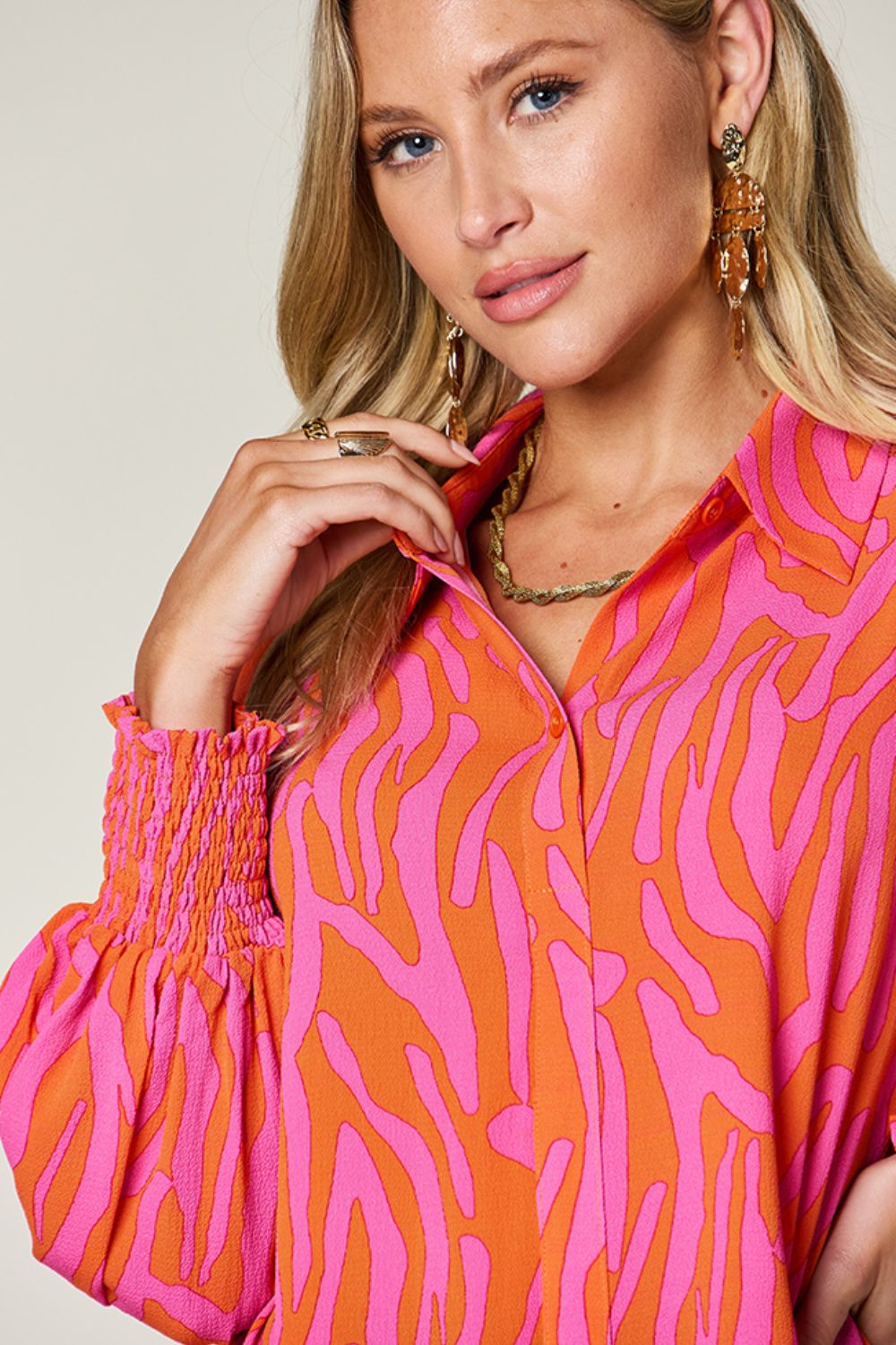 Double take full size printed smocked long sleeve blouse