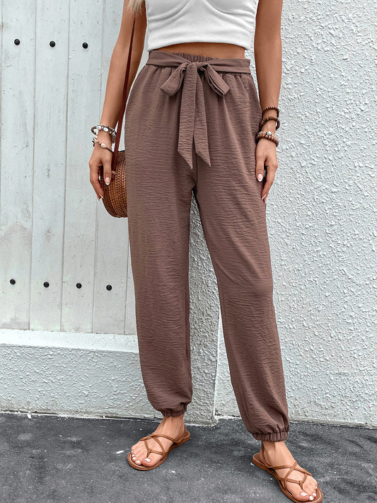 Perfee tied high waist pants with pockets - brown / s