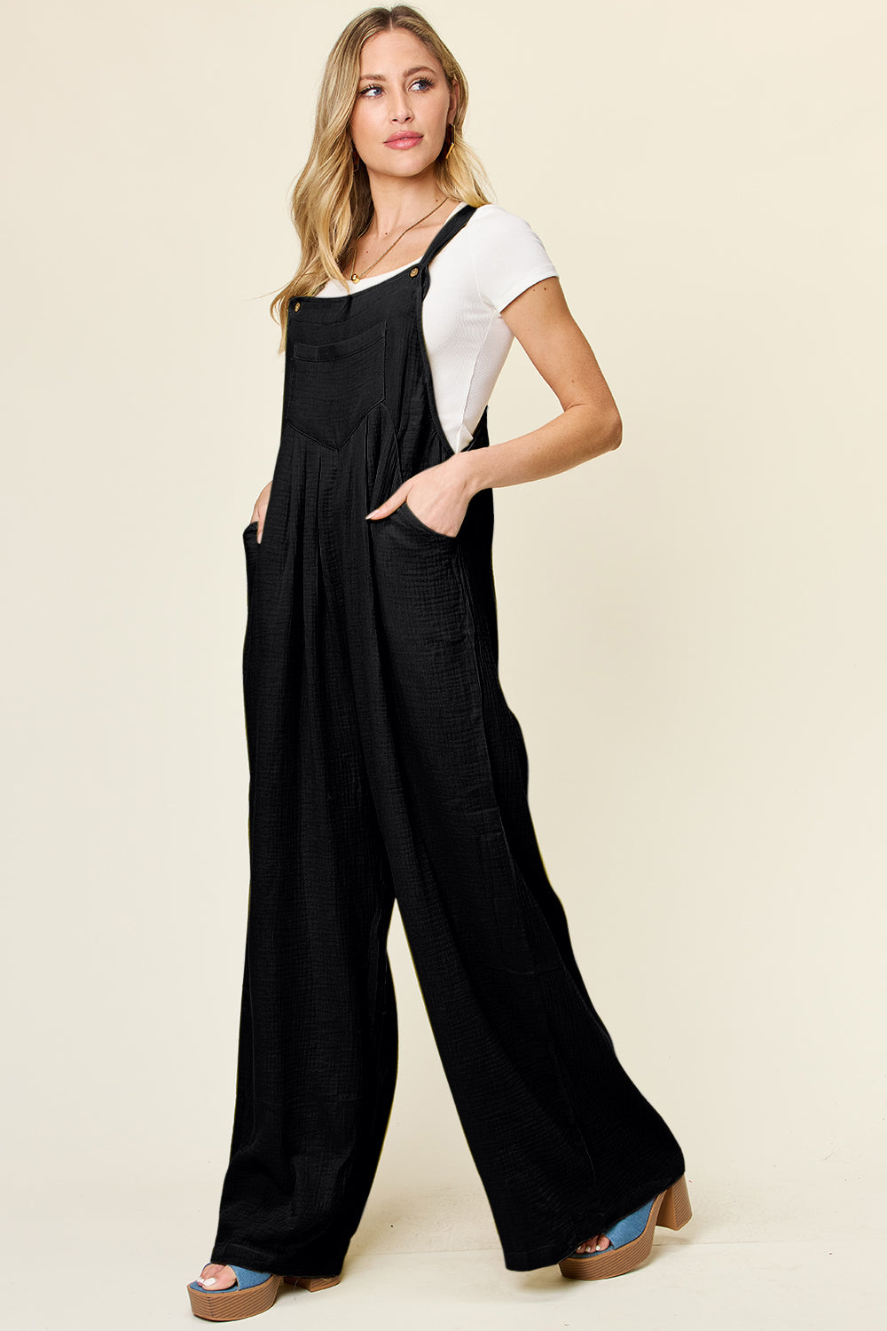 Double take full size texture wide strap leg overall