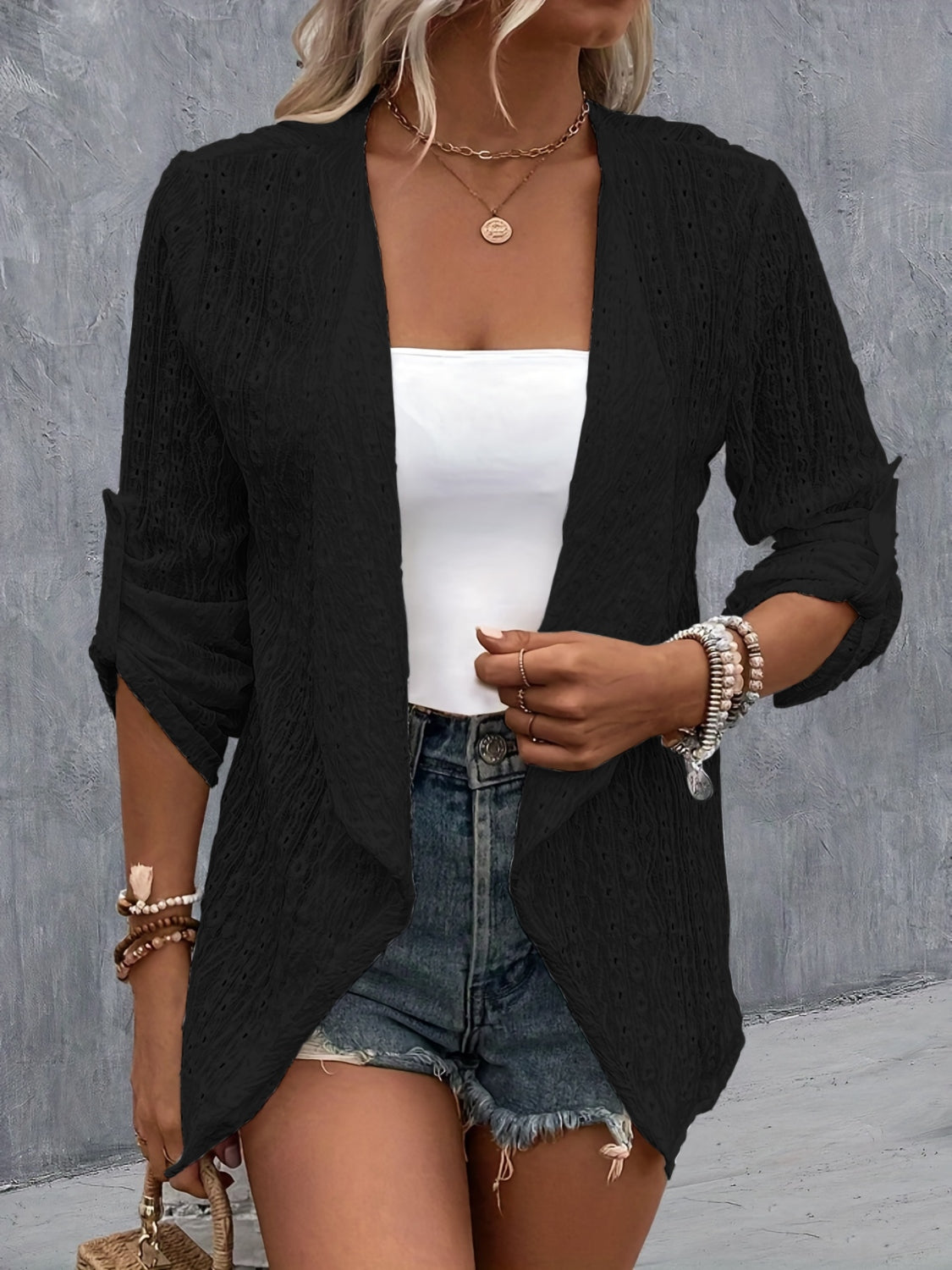 Eyelet roll-tab sleeve cardigan - black / s