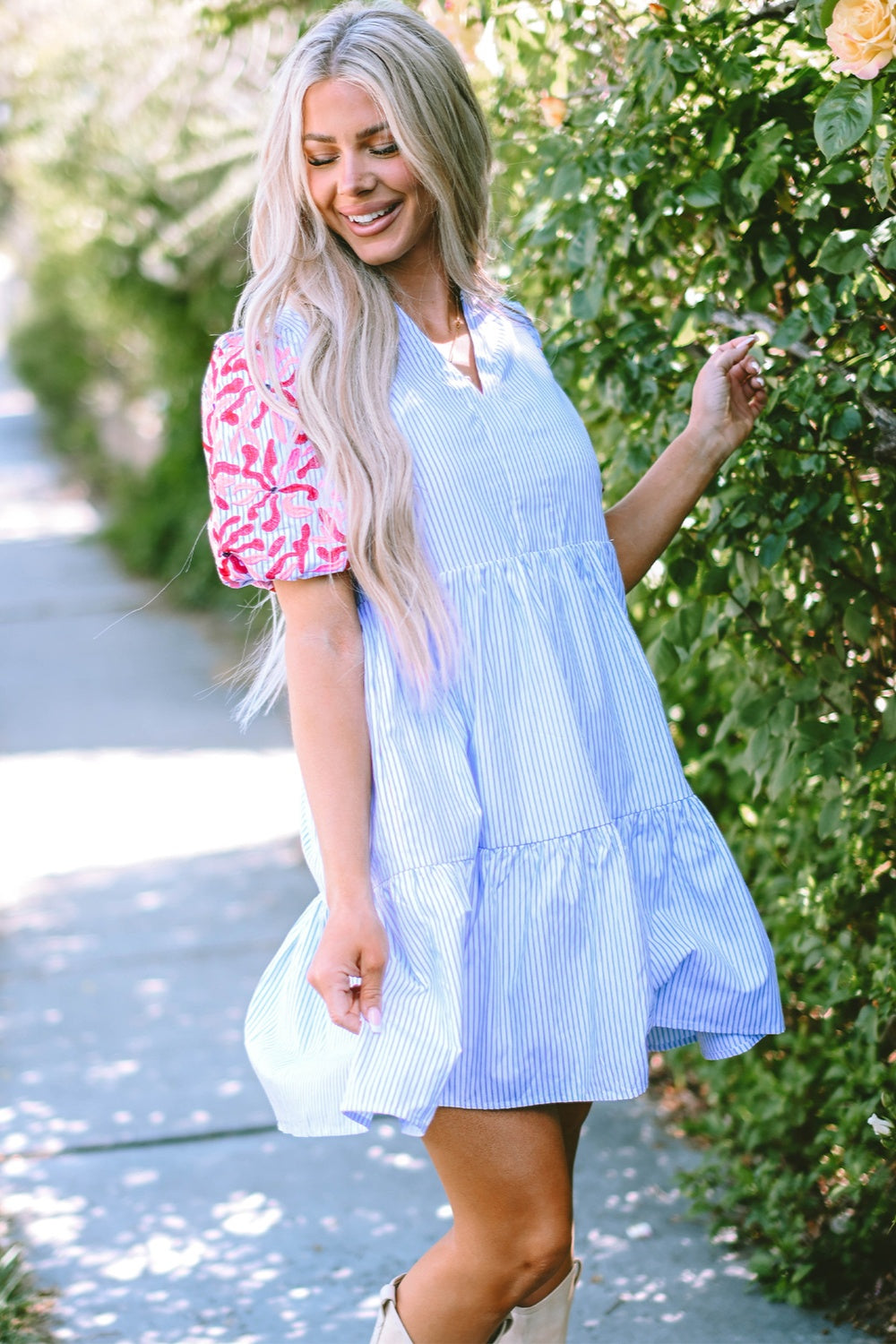 Embroidered striped notched short sleeve dress