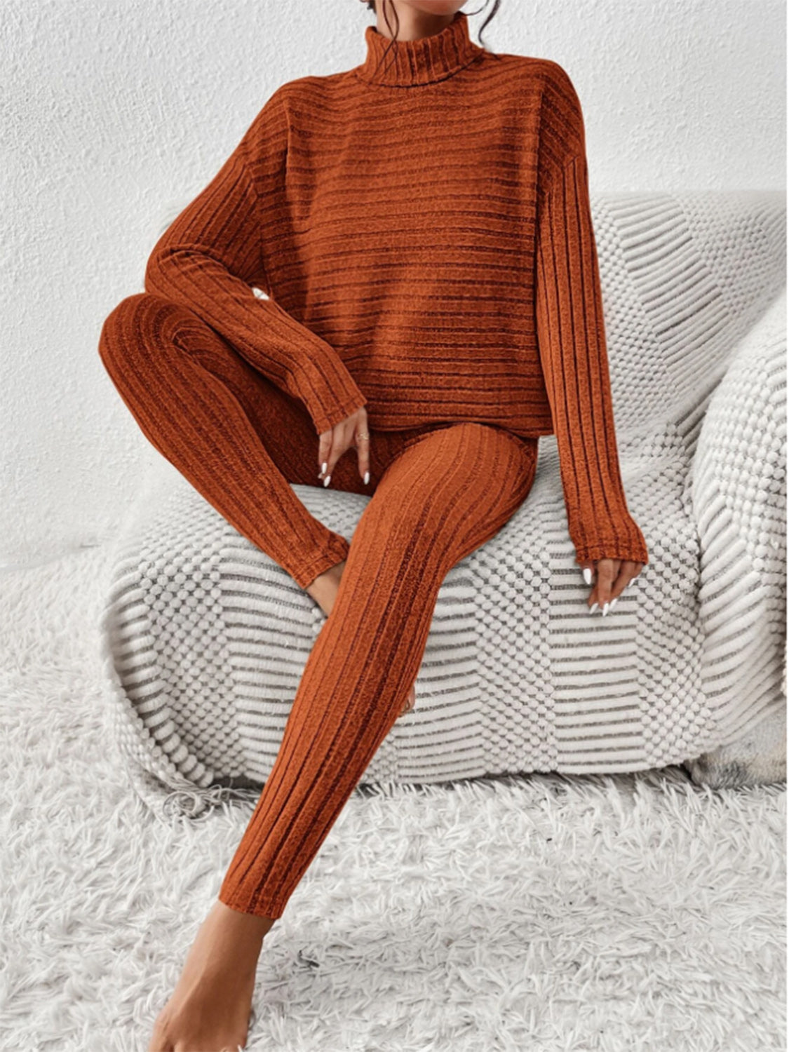 Ribbed turtleneck top and pants set