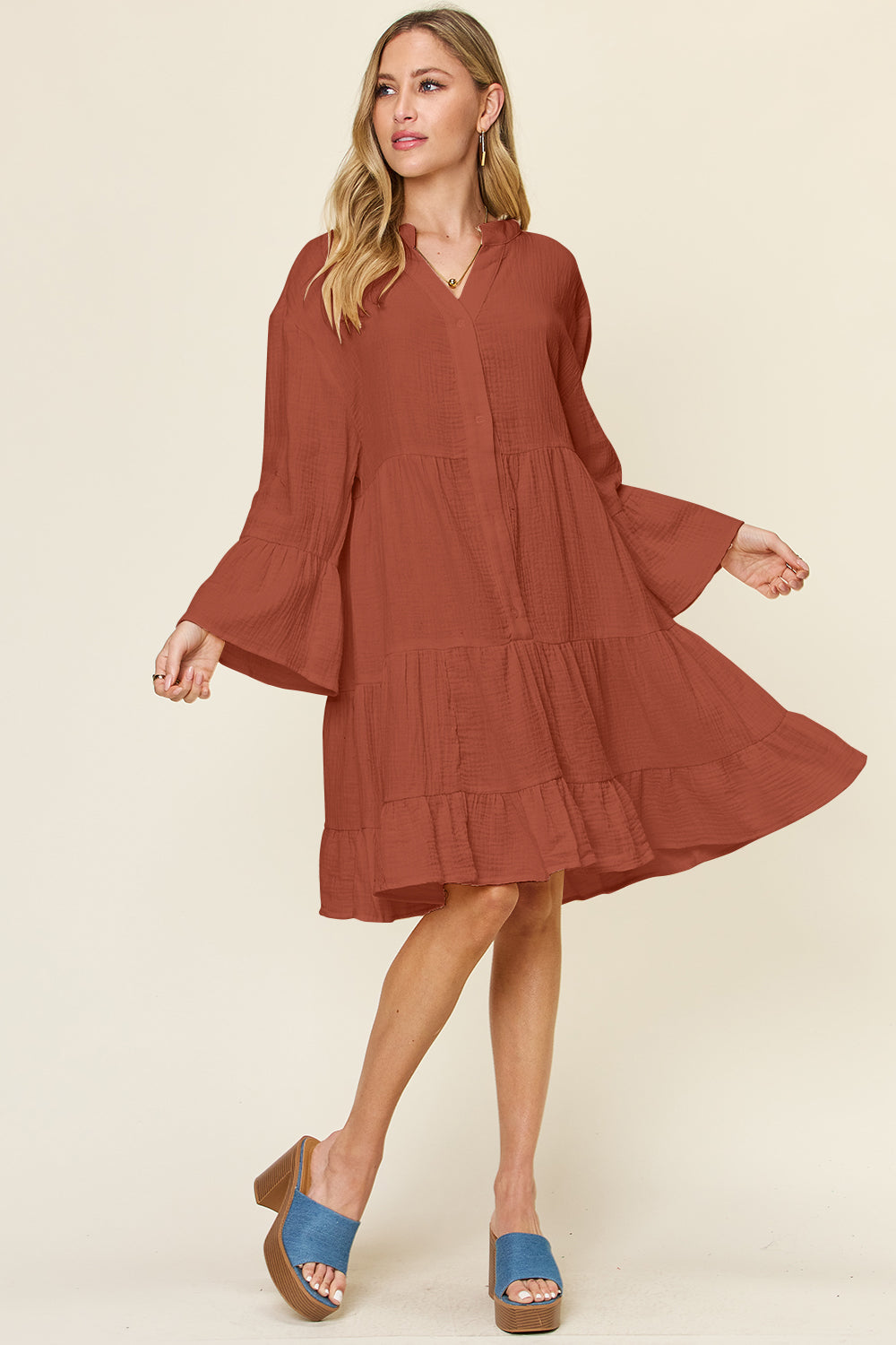 Double take full size texture button up ruffle hem dress