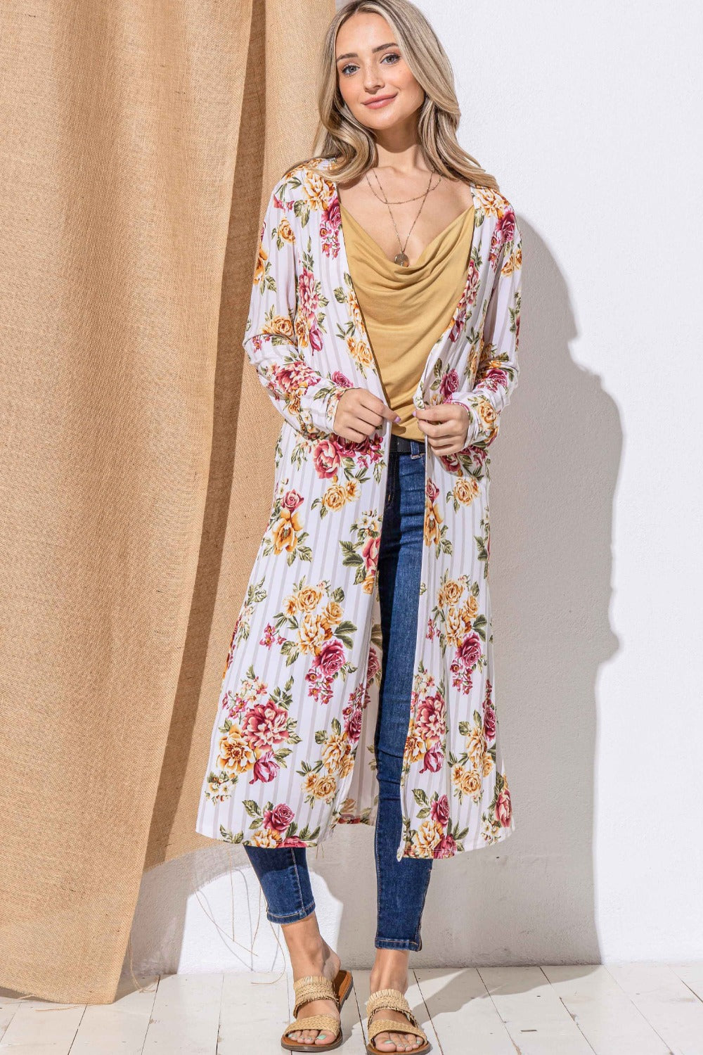 And the why floral kimono open front longline cardigan - burgundy stripe / s