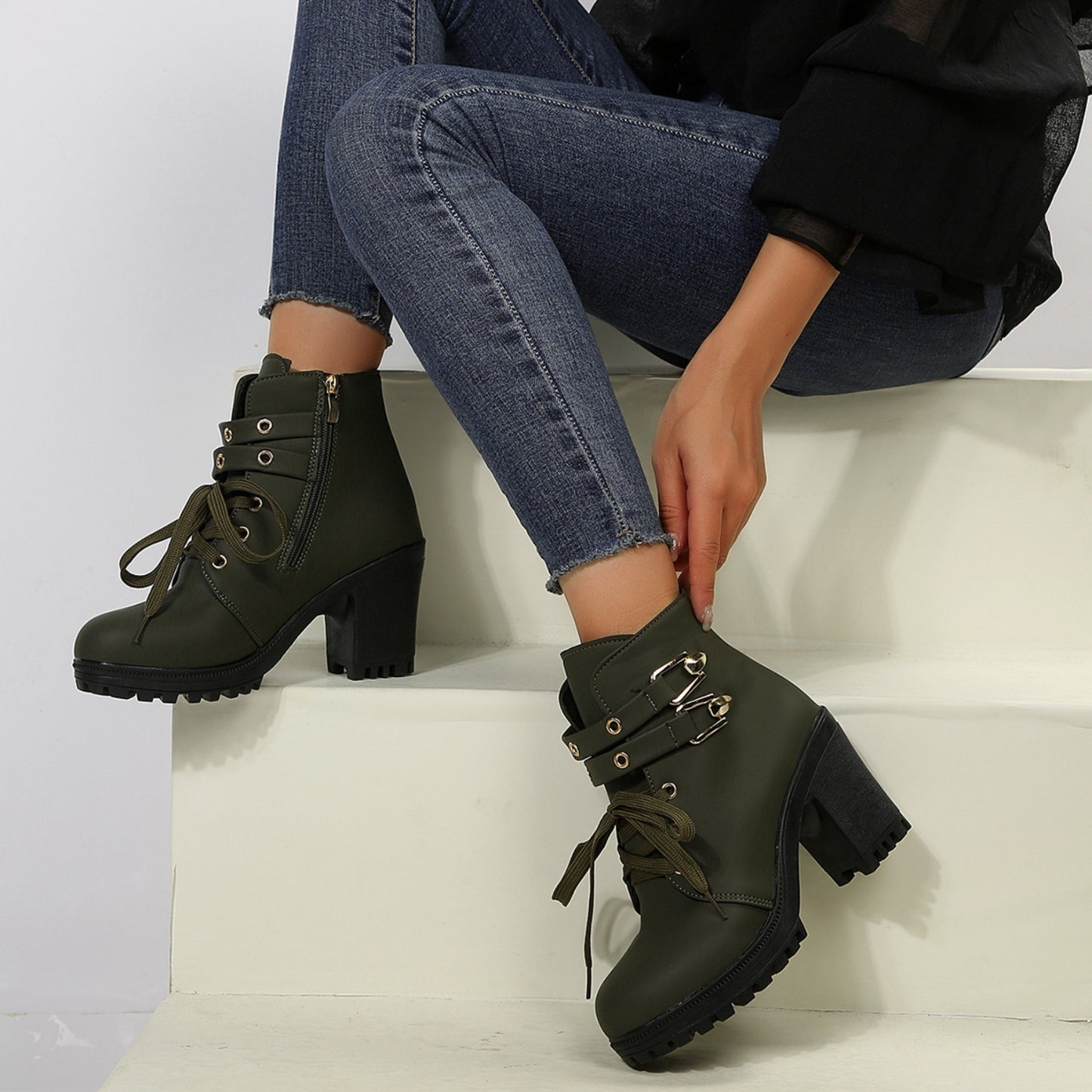 Pu leather round toe block heel boots - army green / 36(us5)