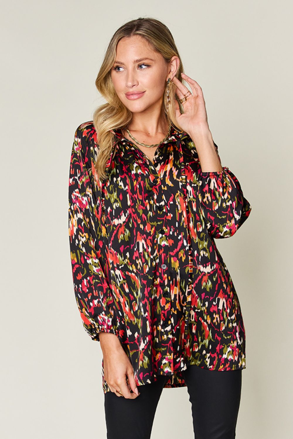 Double take full size printed button up long sleeve shirt