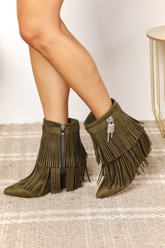 Legend women’s tassel wedge heel ankle booties - olive / 6