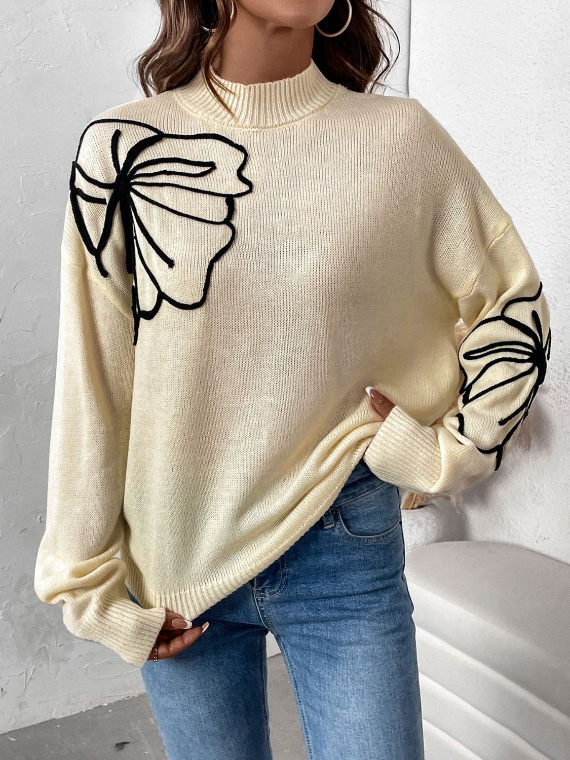 Perfee mock neck dropped shoulder long sleeve sweater