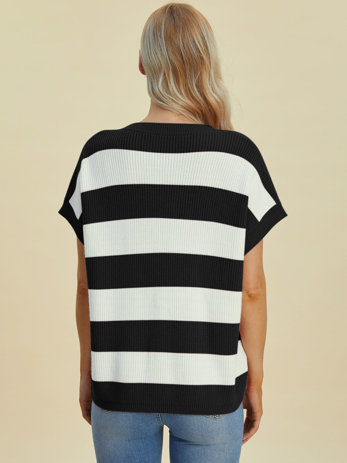 Double take full size striped v-neck short sleeve sweater