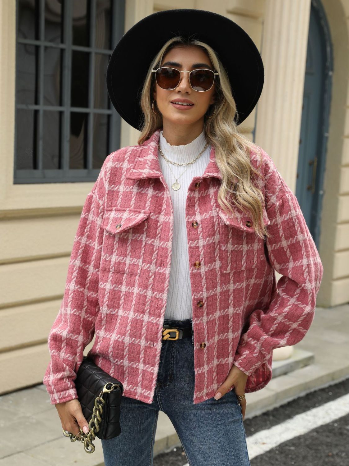 Plaid collared neck long sleeve jacket