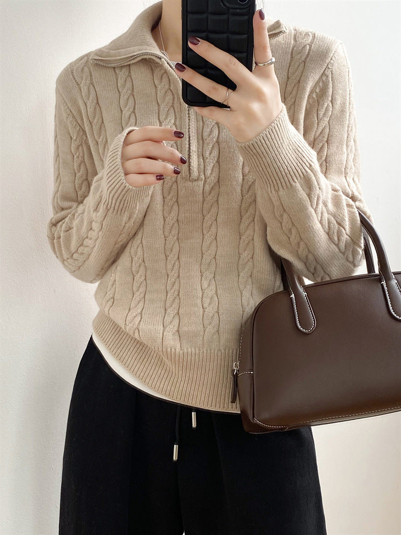 Cable-knit half zip long sleeve sweater