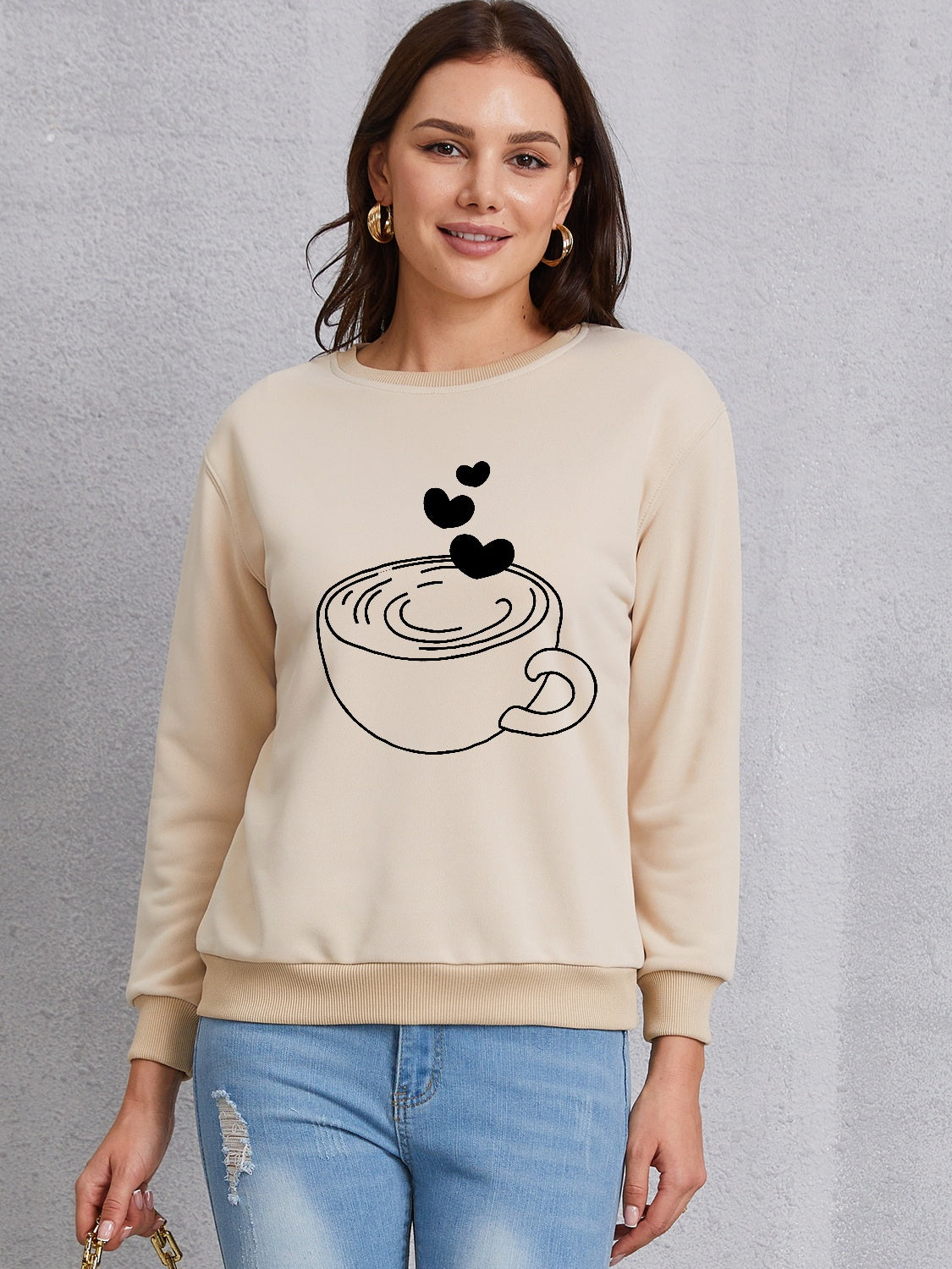 Cup graphic round neck dropped shoulder sweatshirt - khaki / s