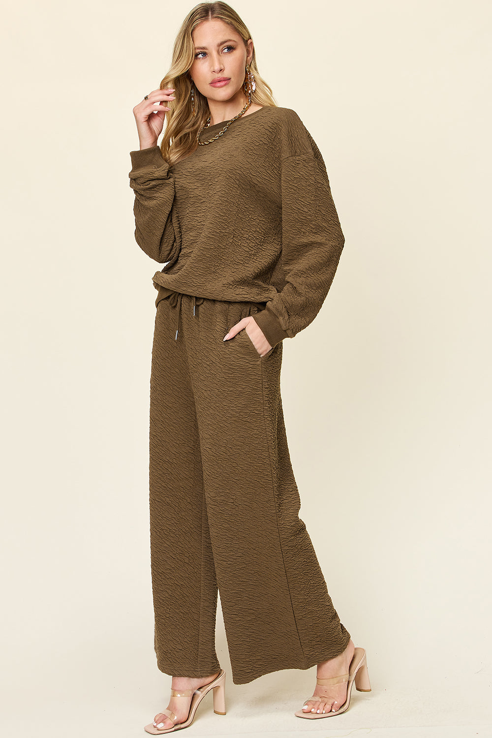 Double take full size texture long sleeve top and pants set