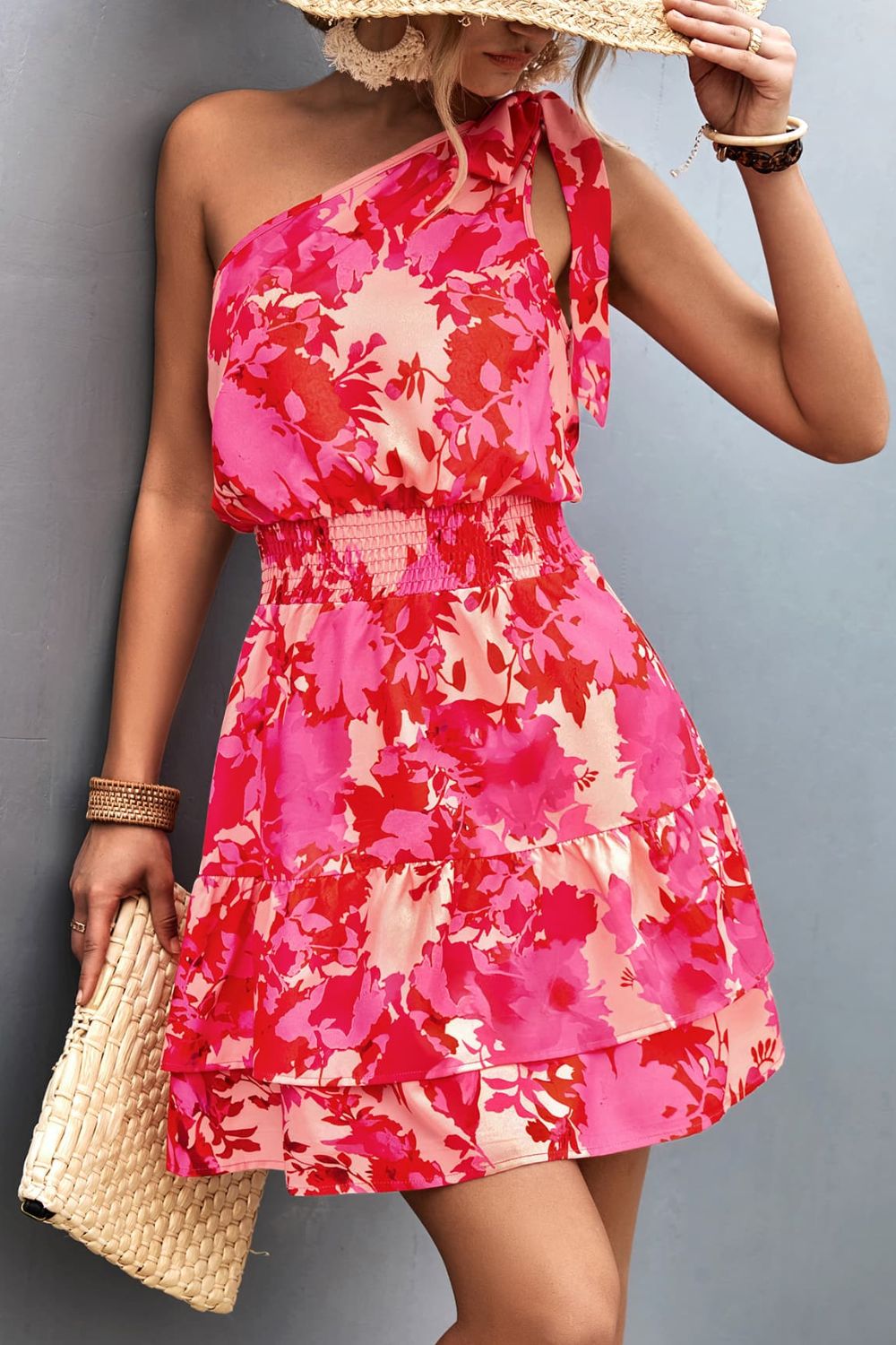 Tied smocked printed single shoulder dress