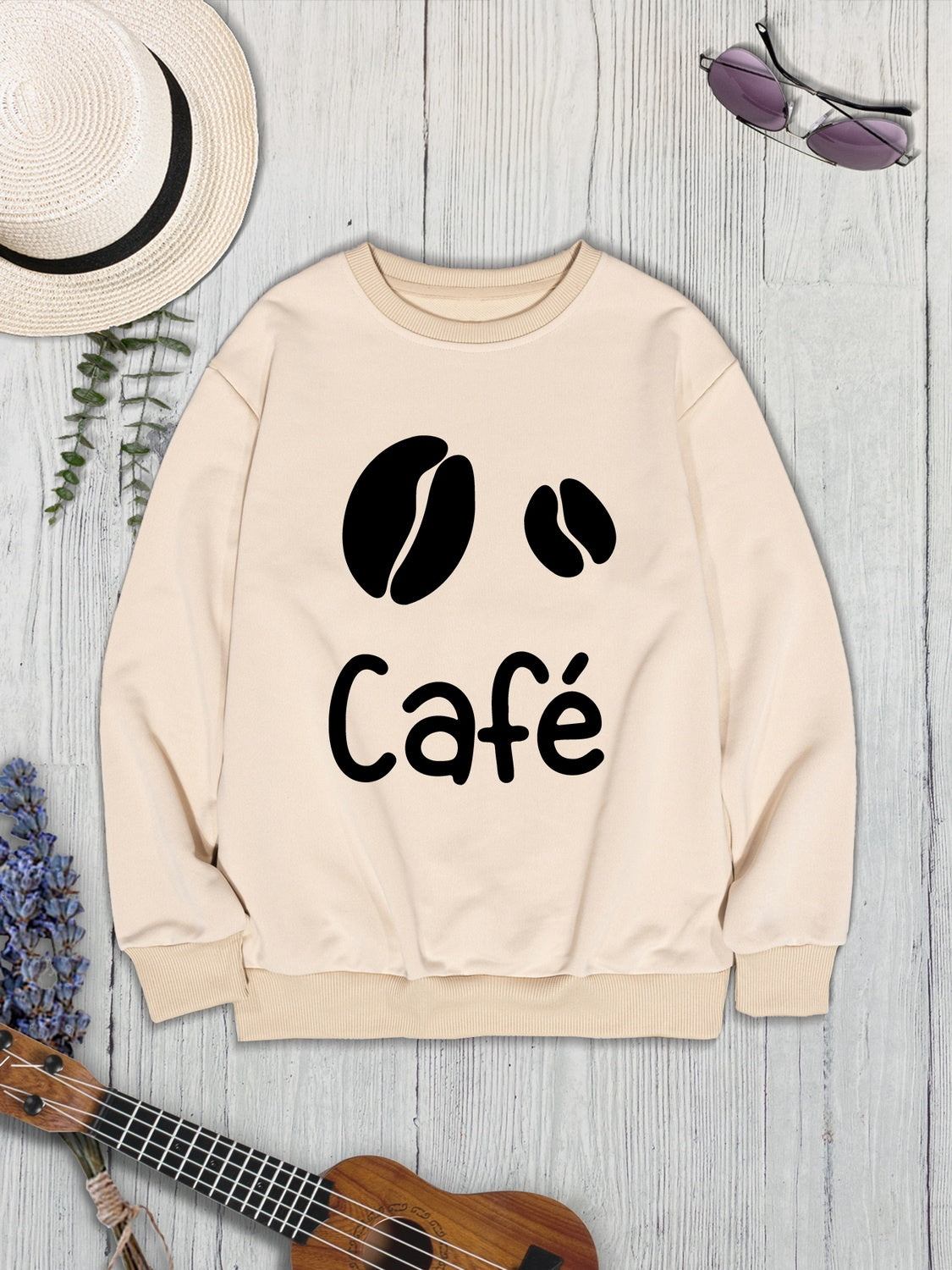 Cafe round neck dropped shoulder sweatshirt