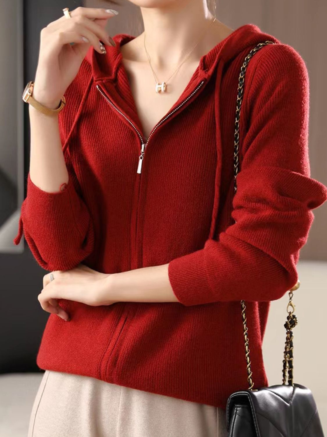 Drawstring zip up long sleeve hooded sweater