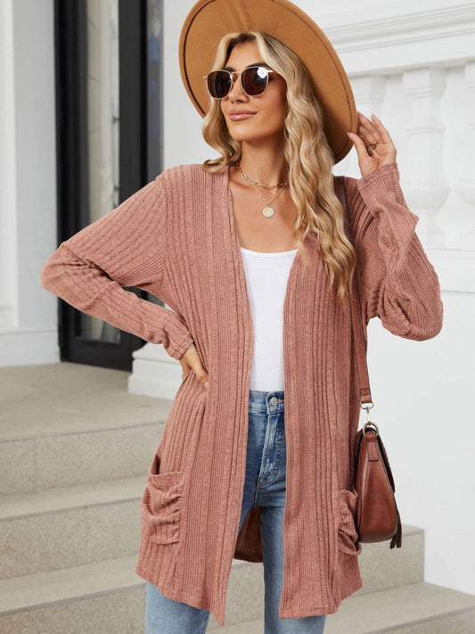 Pocketed open front long sleeve cardigan