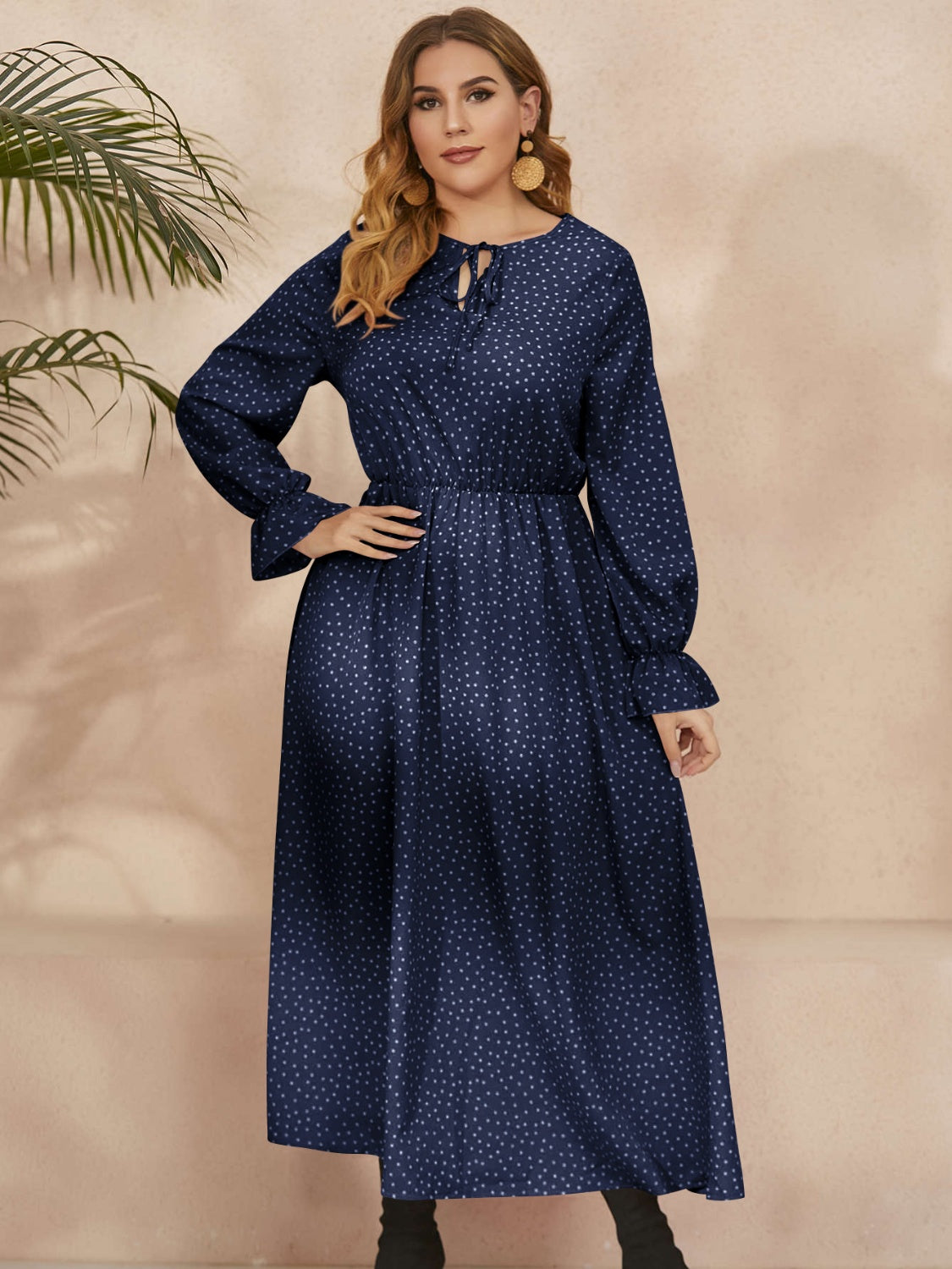 Plus size ruffled polka dot long sleeve midi dress