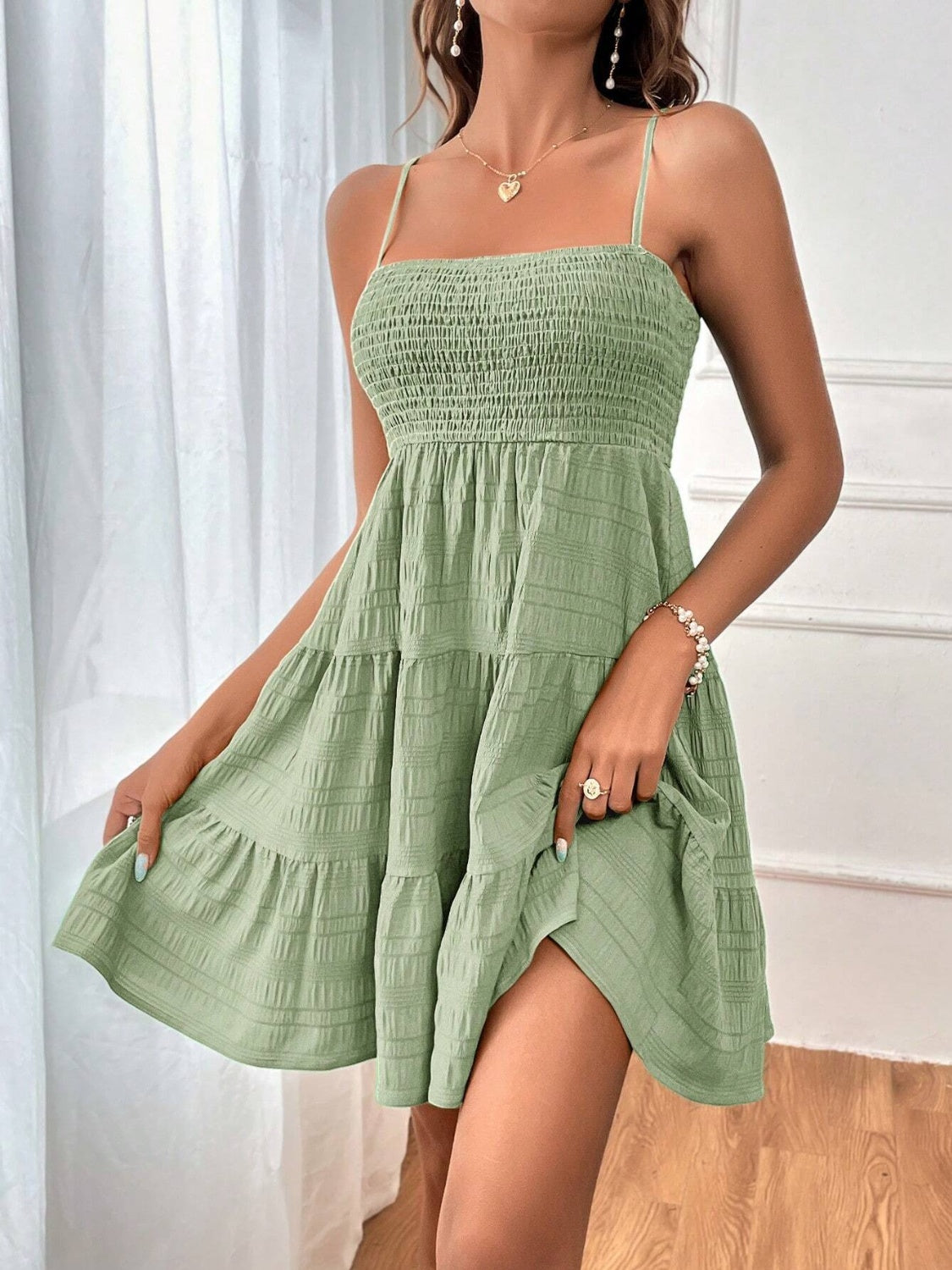 Smocked tiered sleeveless mini dress - sage / s