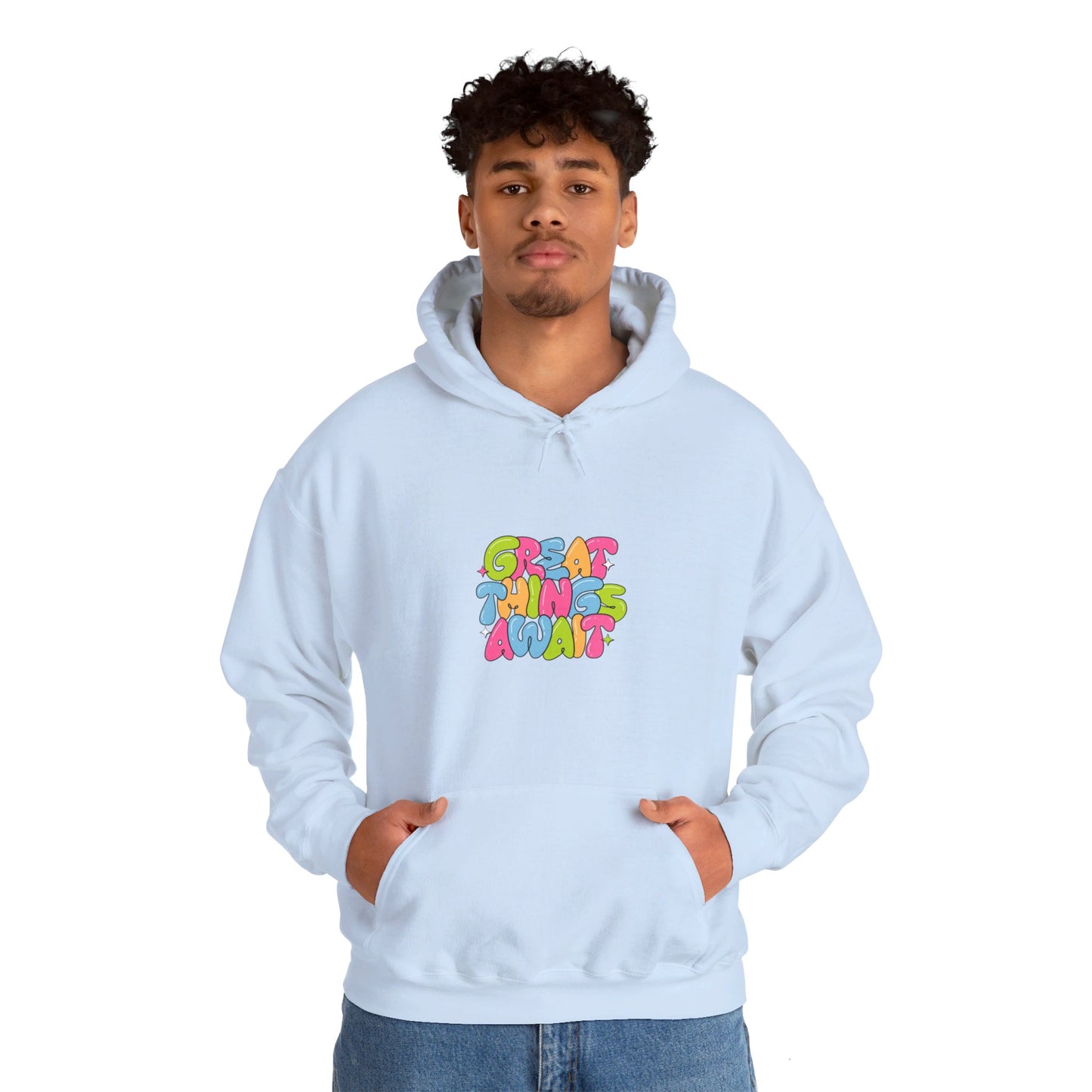 Kay chimba great things await unisex heavy blend™ hooded sweatshirt - light blue / s - hoodie