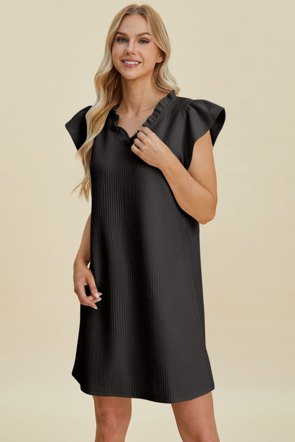 Double take full size ruffled v-neck cap sleeve dress